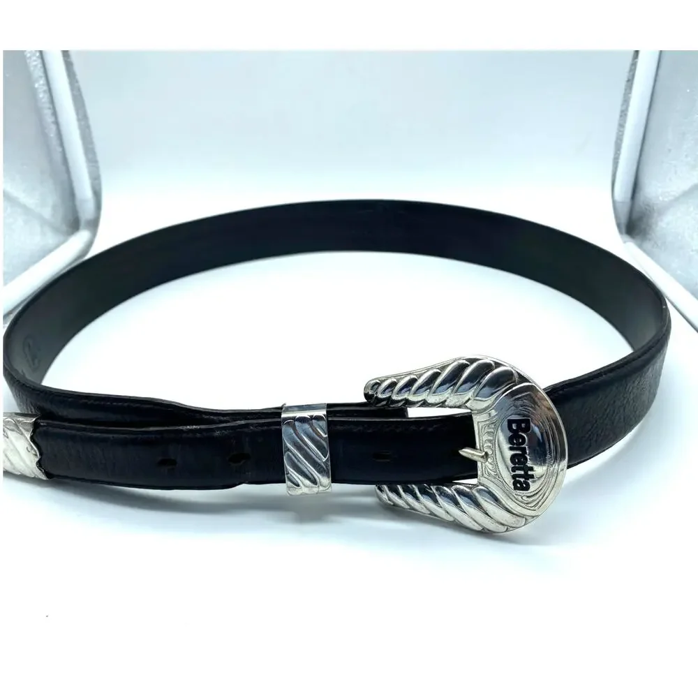 Vtg Big Al‎ ,Al Beres black Leather Belt Silver overlay Buckle 36 USA, Beretta